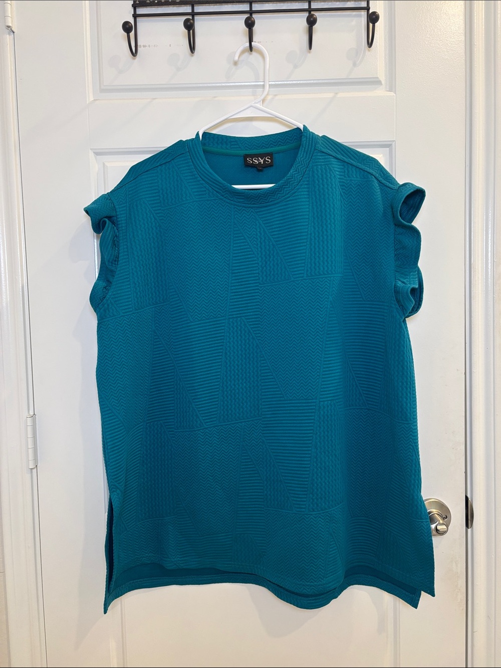SSYS Teal Textured Geometric Ruffle Sleeve Top Size L